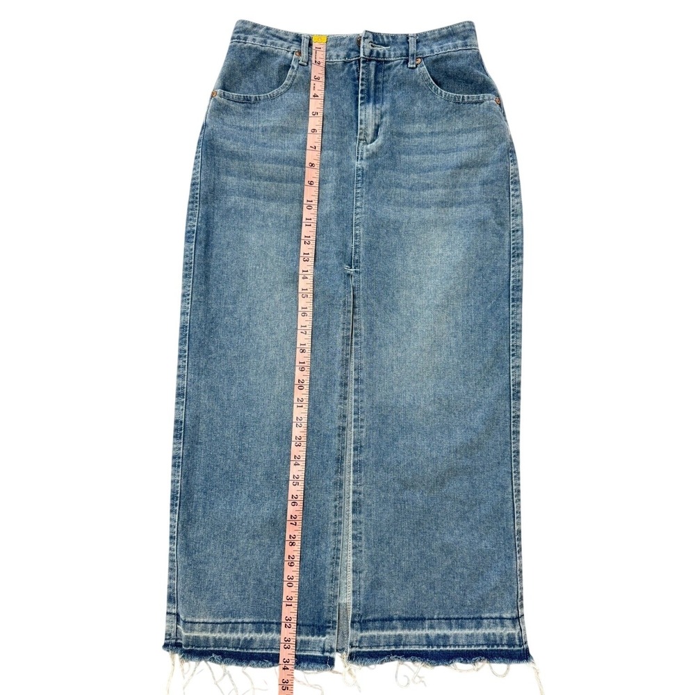 HappilyGrey High RiseDenim Maxi Skirt Medium Wash Front Slit Frayed HemSize 1/24 - Picture 8 of 15